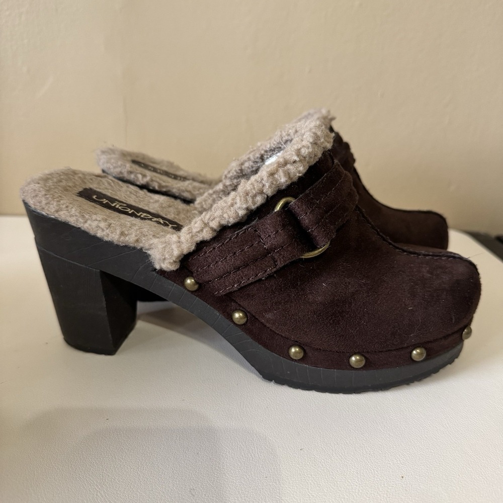 Vintage 90s Y2K Unionbay Studded Heel Platform Sherpa Clogs Women's Sz 7.5 Boho - Picture 3 of 7